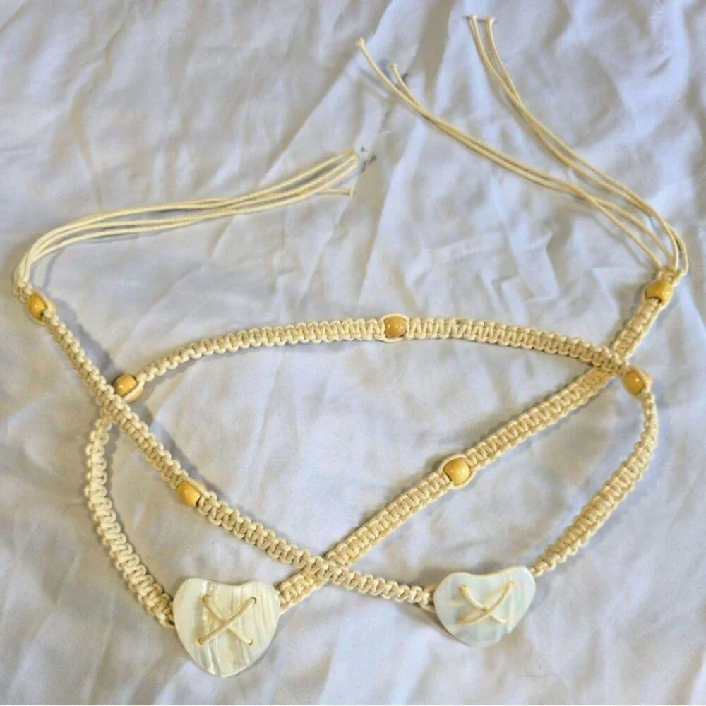 Vintage Macrame Waist Belt with Ivory Hearts